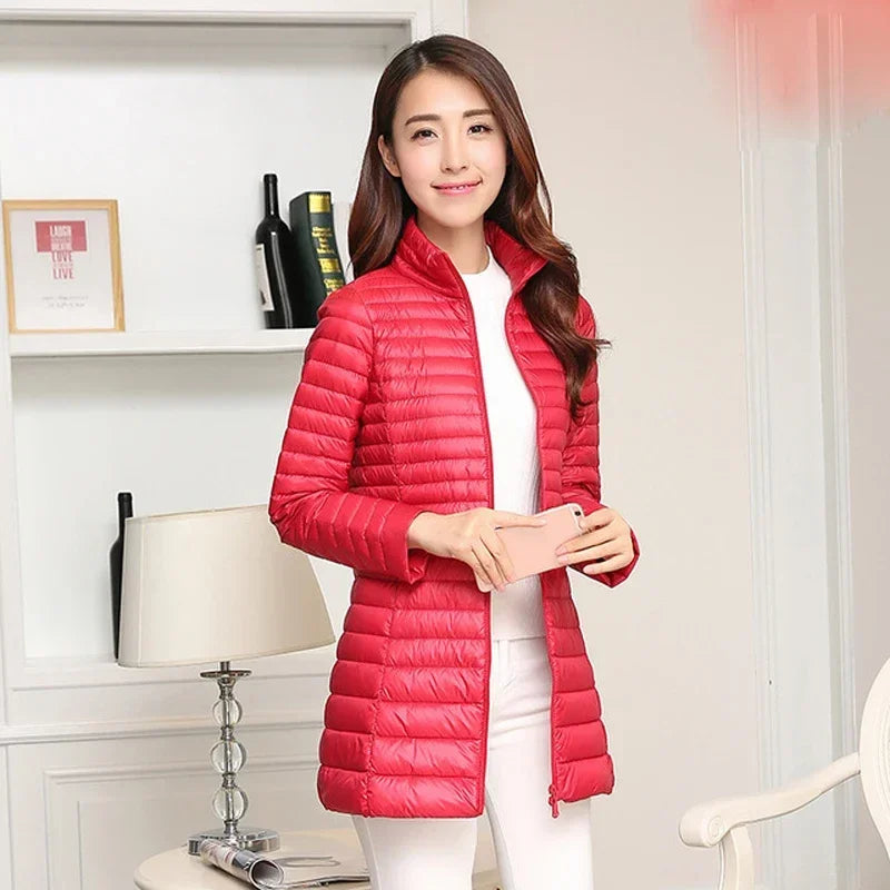 Autumn Winter Women White Duck Down Jacket Female ultra Light Slim Thin Zipper Warm Feather Long Down Coat Good Quality Parkas