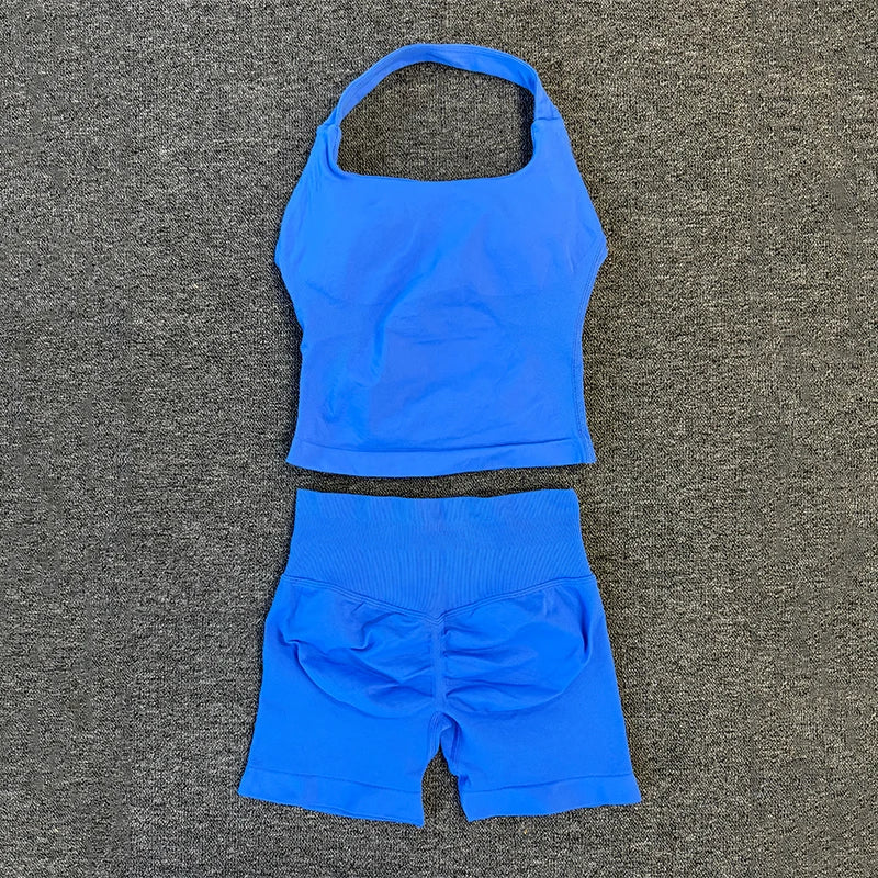 Yoga Gym Set Halter Top Set Yoga Leggings Shorts Set Backless Tights Bra Vest Seamless Stretch Ribbed Buttocks Lift Shorts Set