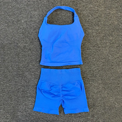 Yoga Gym Set Halter Top Set Yoga Leggings Shorts Set Backless Tights Bra Vest Seamless Stretch Ribbed Buttocks Lift Shorts Set
