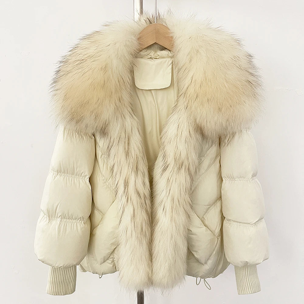 OFTBUY 2025 New Winter Large Real Raccoon Fur Puffer Coat Women Oversized Feather Down Parka Knit Sleeve White Duck Down Jacket