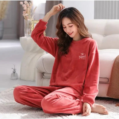 Warm Sleepwear for Winterthickened Warm Flannel Pajamas Student Long Sleeve Cartoon Ladies Loungewear Setpajamas Woman Offer
