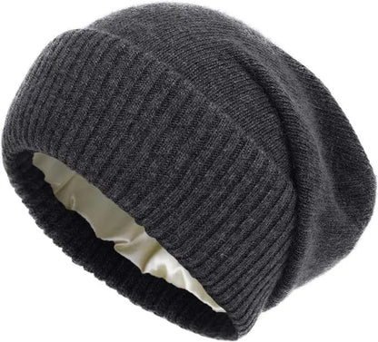 100%Cashmere Beanie Hat for Women's Winter Satin Lined Knitted Solid Skullies Cap Silk Lining Soft Warm Slouchy Bonnet