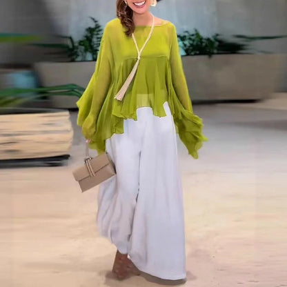 Simple Fashion Solid 2 Pieces Set Woman Elegant Crew Neck Ruffle Blouse Shirts & Wide Leg Pants Suits Long Sleeve Autumn Outfits