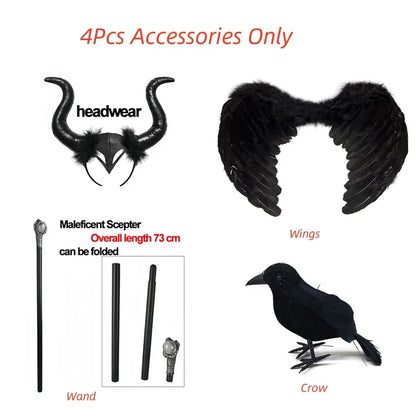 Maleficent Costume Deluxe Girls Halloween Carnival Party Black Trailing Mesh Dress Kids Cosplay Demon Queen Witch Clothes