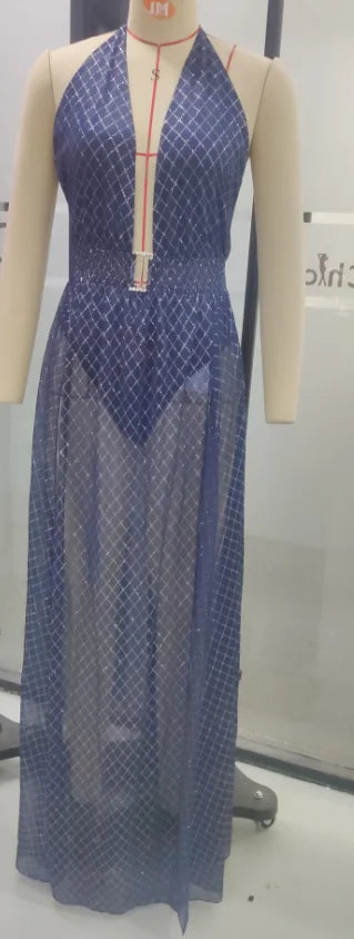 Womens Dresses Summer Sexy Split Thigh Halter Backless Deep V-Neck Sleeveless Skinny Maxi Party Prom Long Dress