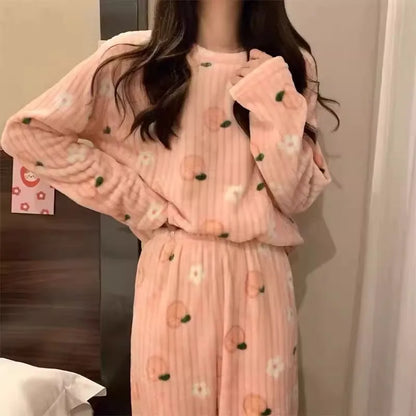 Adorable Sweet Coral Fce Thiened Autumn Winter Spwear Women's Casual Home Clothes Set Long Pants Comfortable Leisure ...