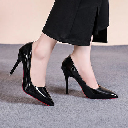 Sexy Pointed Toe Patent Leather High Heels Temperament Girl Red Sole Party Dress Stiletto Pumps Classic Black Work Single Shoes