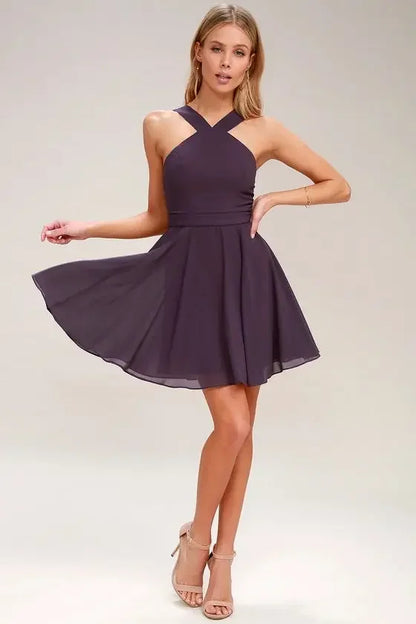 Women Sleeveless Backless Sexy Club Mini Dress 2024 Summer Party Strappy Back Zipper Solid Shift Halter Short Dresses