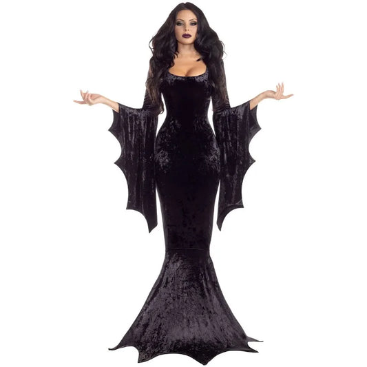 Witchy Costume Morticia Addams Long Train Dress Halloween Terror Dark Outfit Gothic Gown Robe Bat Sleeve Horror For Adult