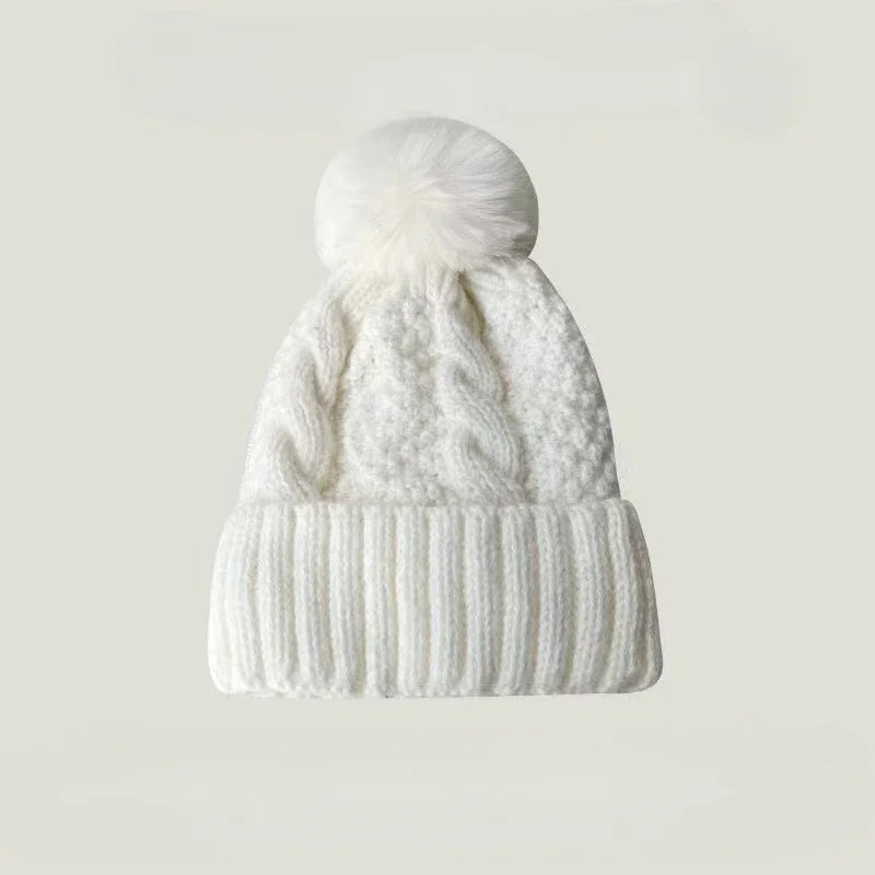 Winter Twist Knitting Hats Warm Fur Pompom Thick Plush Cap Beanies Solid Ladies Versatile Ski Snow Skullies Beanies Velvet Hat