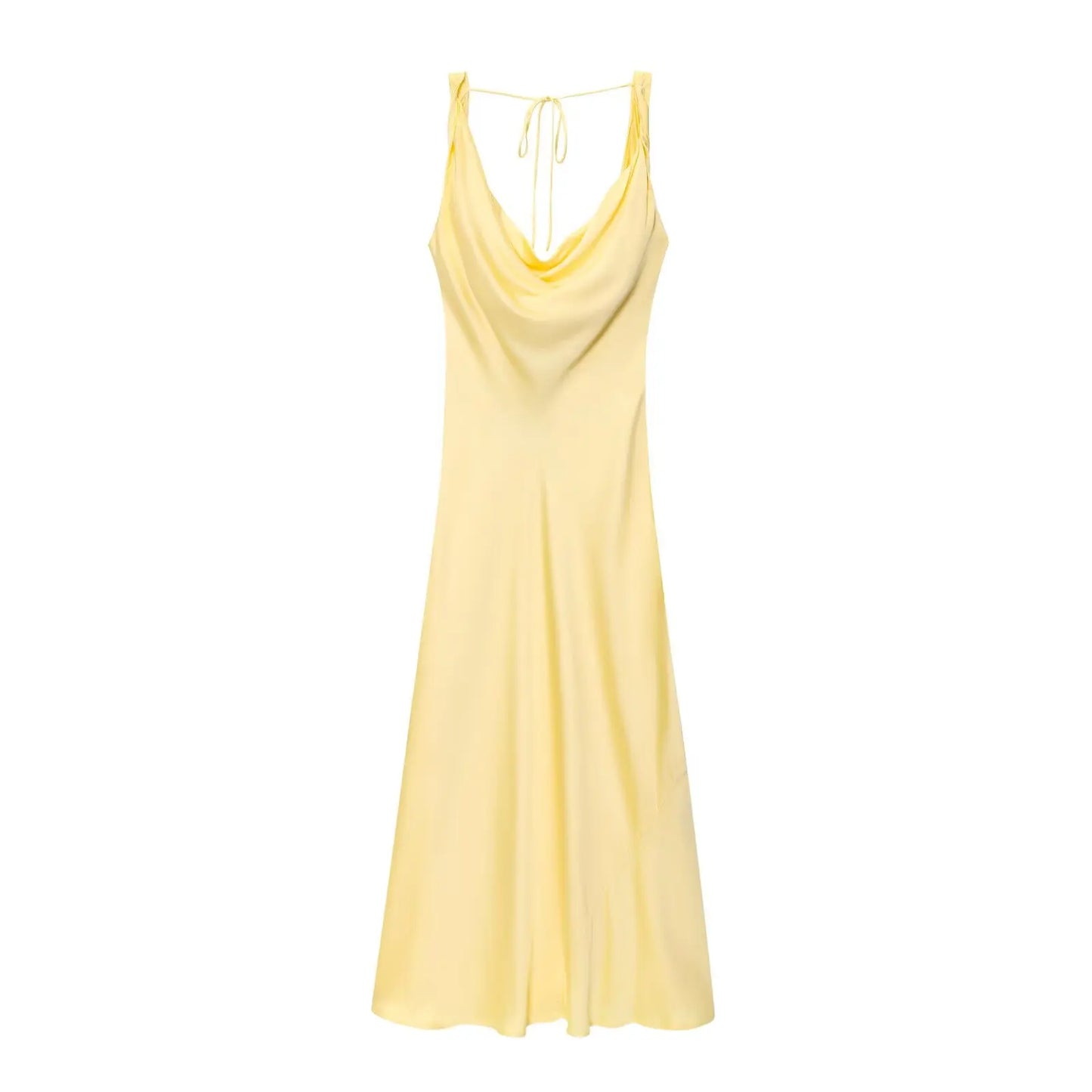 HH Women's Solid Vacation Style Satin Texture Backless V-neck Midi Dress Summer Female Elegant Sexy Lace-up Strap Dress