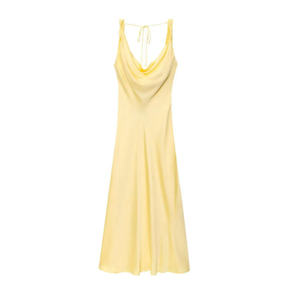 HH Women's Solid Vacation Style Satin Texture Backless V-neck Midi Dress Summer Female Elegant Sexy Lace-up Strap Dress