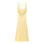 HH Women's Solid Vacation Style Satin Texture Backless V-neck Midi Dress Summer Female Elegant Sexy Lace-up Strap Dress
