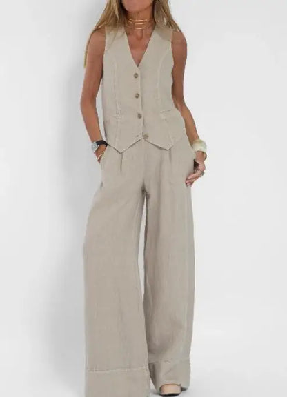 Two Piece Set Women Outfit Spring Fashion New V-Neck Sleeveless Single-Breasted Vest & High Waist Casual Pocket Pants Set