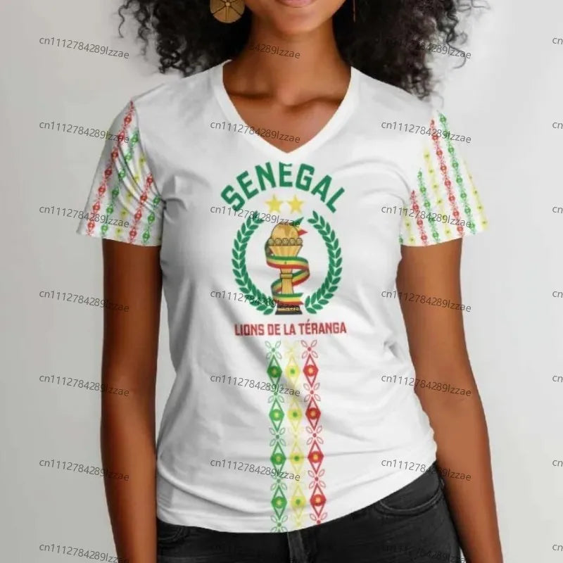 Women's Senegal Football Jersey V-Neck Tee African Team Pride Graphic Print Casual Breathable Sportswear Summer World Cup Fan Ge