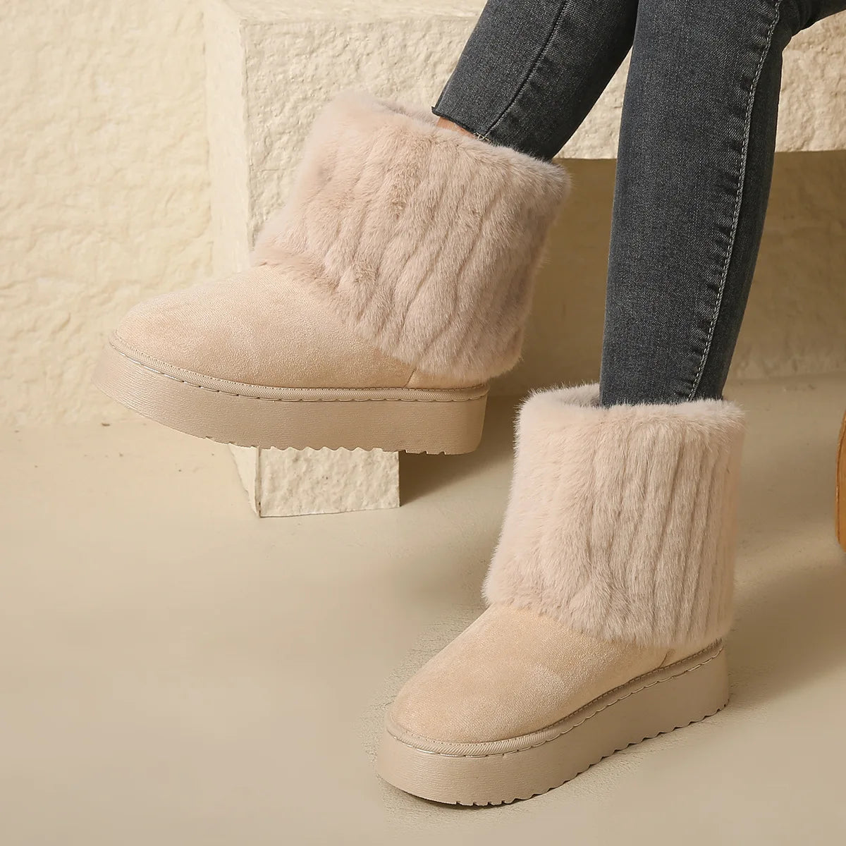 36-41 Women Snow Boots Winter Ankle Botas Stripe Fur Plush Cotton Shoes Platform Thick-soled Non Slip Fluffy Solid Warm Footwear