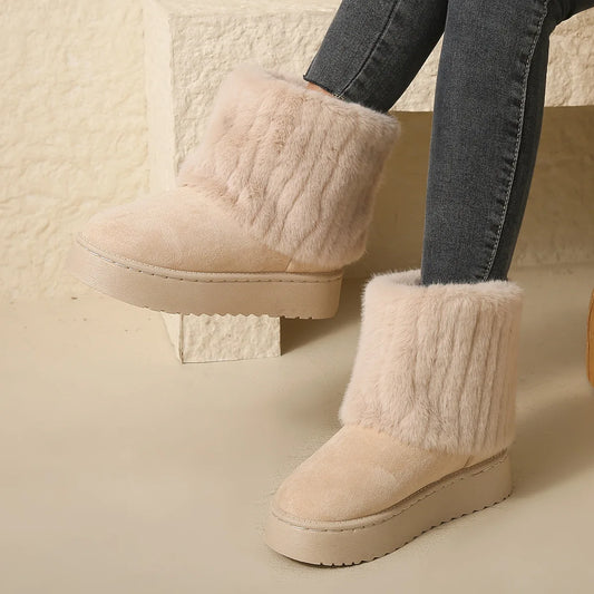 36-41 Women Snow Boots Winter Ankle Botas Stripe Fur Plush Cotton Shoes Platform Thick-soled Non Slip Fluffy Solid Warm Footwear