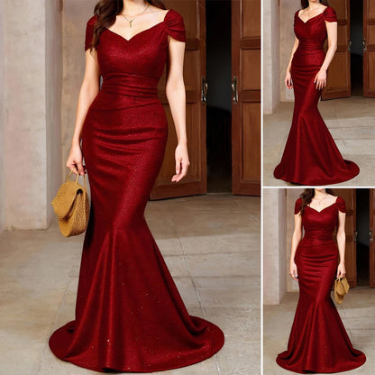 Women's Dresses Autumn Winter Elegant Party Plain Short Sleeve V Neck Mermaid Midi Bodycon Dress