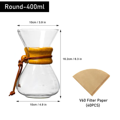 Glass Coffee Pot Drip Brewing Chemex Cafetera 400M/600ML Hand Brewed Coffee Filter Cup Pour Over Coffee Maker For Home Office