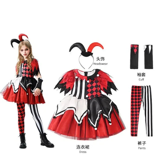 Naughty Girls Clown Costume Kids Circus Scary Tutu Dress Halloween Cosplay Costumes Carnival Party Jester Dress Up Full Set