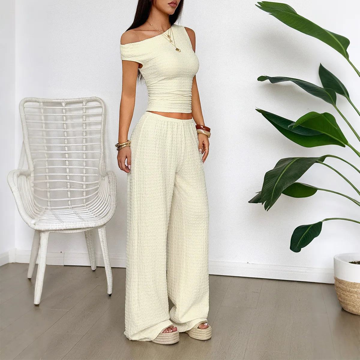 Two Piece Set Women Outfit  Summer New Solid Color Slanted Collar Tank Top & High Waist Casual Wide Leg Long Pants Set