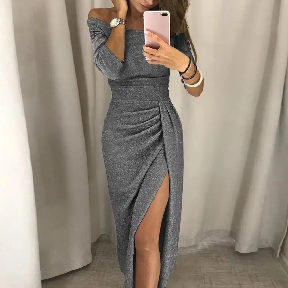 2025 Shiny Women Dress Bright Surface Sexy Off Shoulder Pleated High Waist Split Bodycon Dress Pleated Hip Wrap Evening Dress