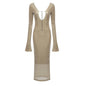 Elegant Deep V Sequin Long Sleeve Party Dress for Women Backless Lace Up Midi Dress Ankle Length Evening Dress Formal Gown Wear