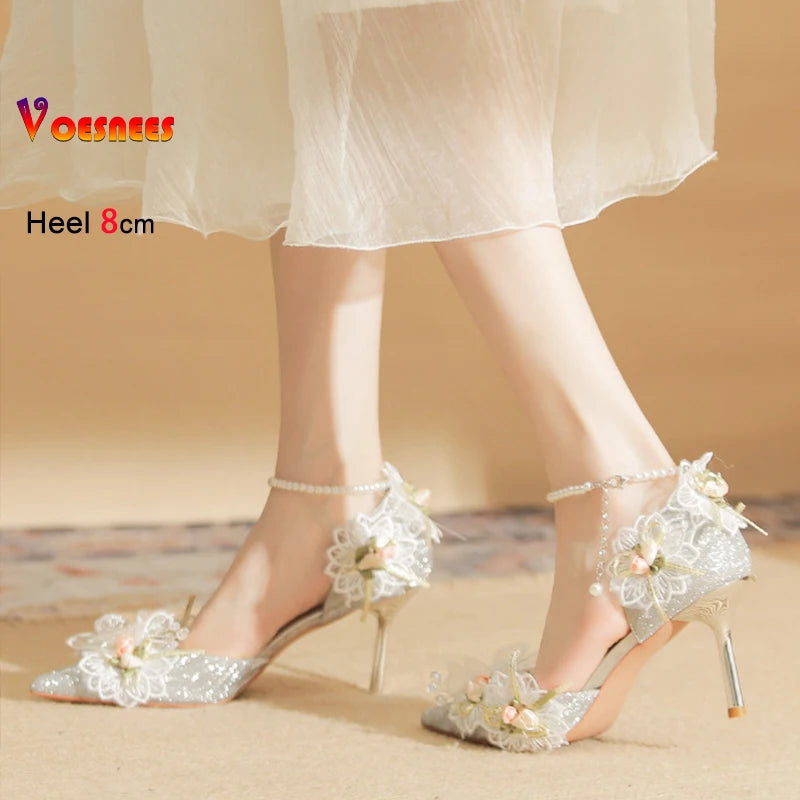 Women's Pumps Elegant Lady Evening Party Dress Prom Shoes 8CM Lace Flower Pearls Single Shoes Spring Summer Pointed High Heels