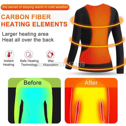 Winter Heated Thermal Underwear Men Heating Jacket Skiwear Heated Jacket Fleece Warm Top Pants USB Electric Heating Clothing