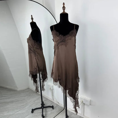 Sexy Irregular Satin Lace Dress Women Fashion V Neck Hem Suspender Mini Dresses 2025 New Fashion Party Vestidos Camisole Dress