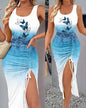 Womens Dresses Summer Fashion Butterfly Print Ribbed Drawstring Ruched High Slit Casual U-Neck Sleeveless Daily Long Dress