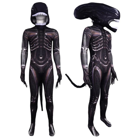 Halloween Adult Alien Xenomorph 3D Print Bodysuit Costumes Scary Suit Kids Alien Romulus Cosplay Jumpsuit Mask Tentacles Disfraz