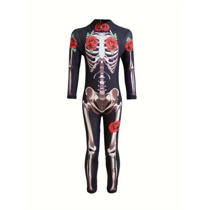 Girls Rose Skeleton Costume Ghost Bride Jumpsuit Halloween Printed Skeleton Dress Up Costume Ladies Scary Cosplay Costume