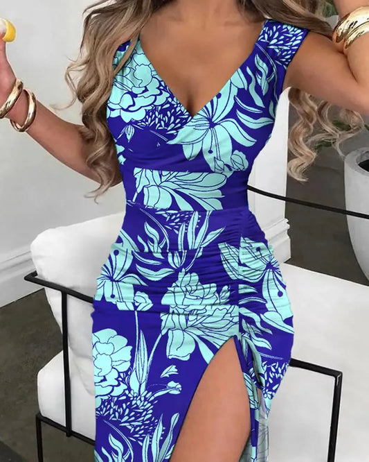 Womens Dresses Summer Floral Print Sexy V-Neck High Slit Sleeveless Casual Tight Fitting Daily High Waist Long Dress
