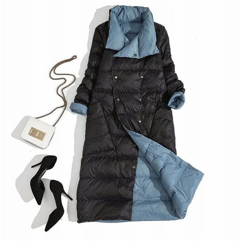 Fashionable White Duck Down New Double-sided Ultra Light Jacket for Women's Winter Slim Fit Single Breasted Warm Parka Coat