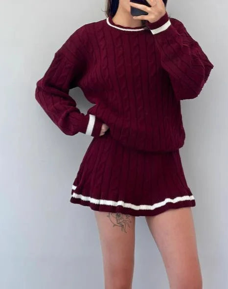 Two Piece Set Women Outfit Spring Autumn New Round Neck Twists Knitted Sweater & High Waist Ruffles Hem Mini Skirt Set