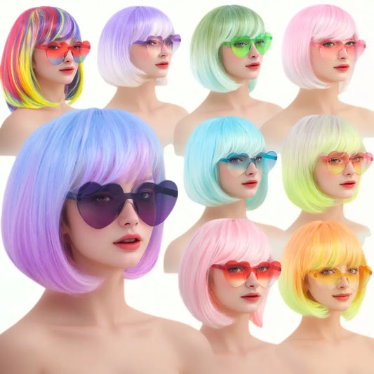 Colorful Gradient Wave Head Synthetic Wig for Women Anime Party Cosplay Birthday Party Wig with Bangs
