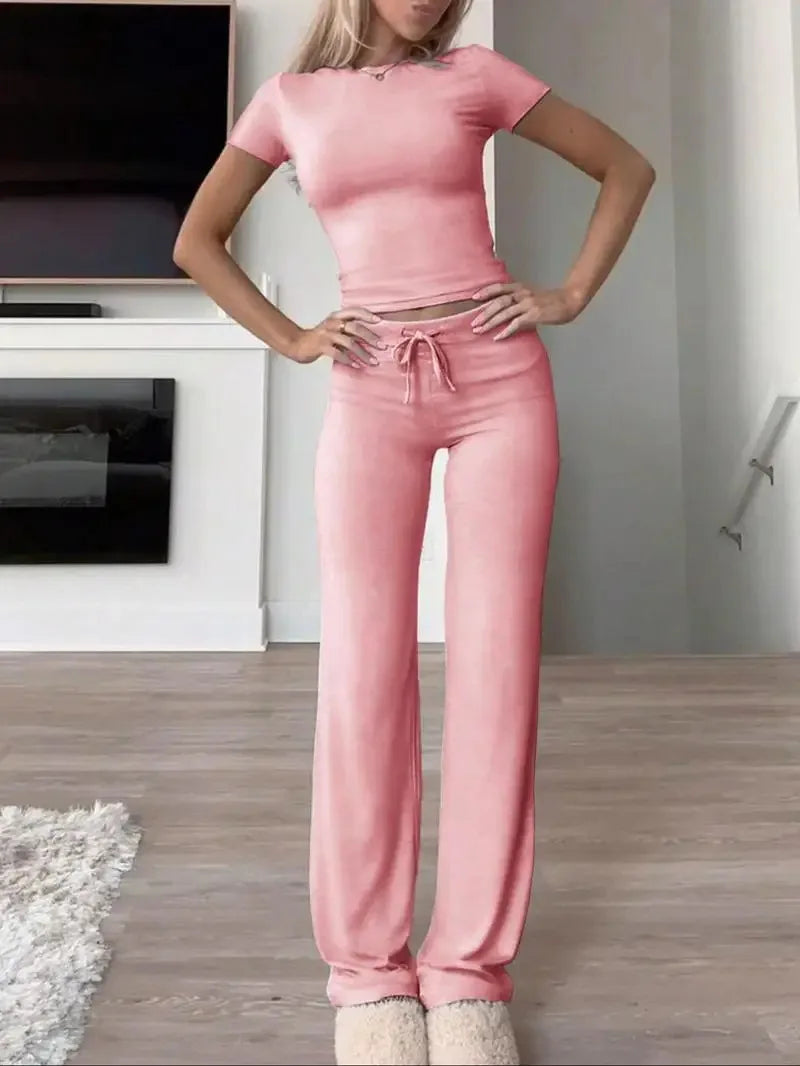 Summer Comfortable Casual Women's Home Sports Set 2025 New Fashionable Solid Color Slim Body Clothes + Trousers Two-piece Set