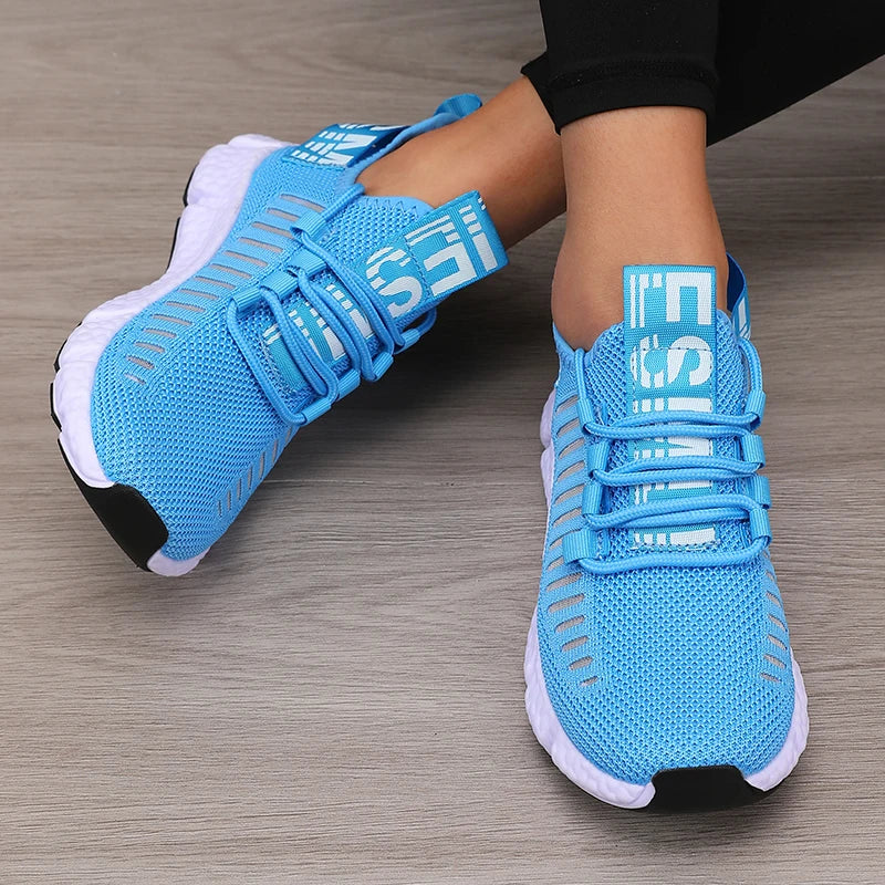 Women's Sneakers Knitted Mesh Breathable Fashionable Lightweight Soft Lace Up Shoes Flexible Trendy Exercise Walking Flat Shoes