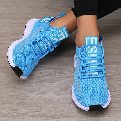 Women's Sneakers Knitted Mesh Breathable Fashionable Lightweight Soft Lace Up Shoes Flexible Trendy Exercise Walking Flat Shoes