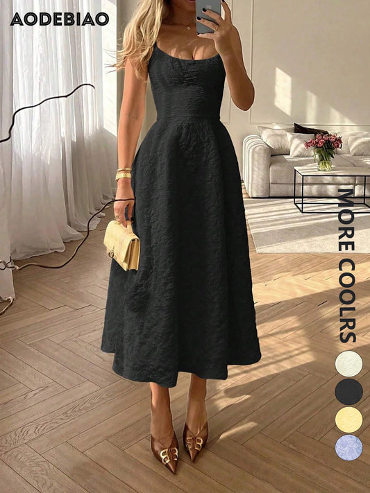 AODEBIAO Women Summer A-line Dress Sleeveless O-neck Solid Maxi Dresses Fashion Backless Casual Elegant Party Strap Dress Female
