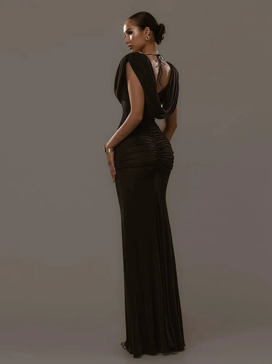 Sisterlinda Ruched Elegant Velvet Dress Women Swing Collar Classic Sexy Fashion Solid Skinny Evening Cocktail Party Long Bodycon