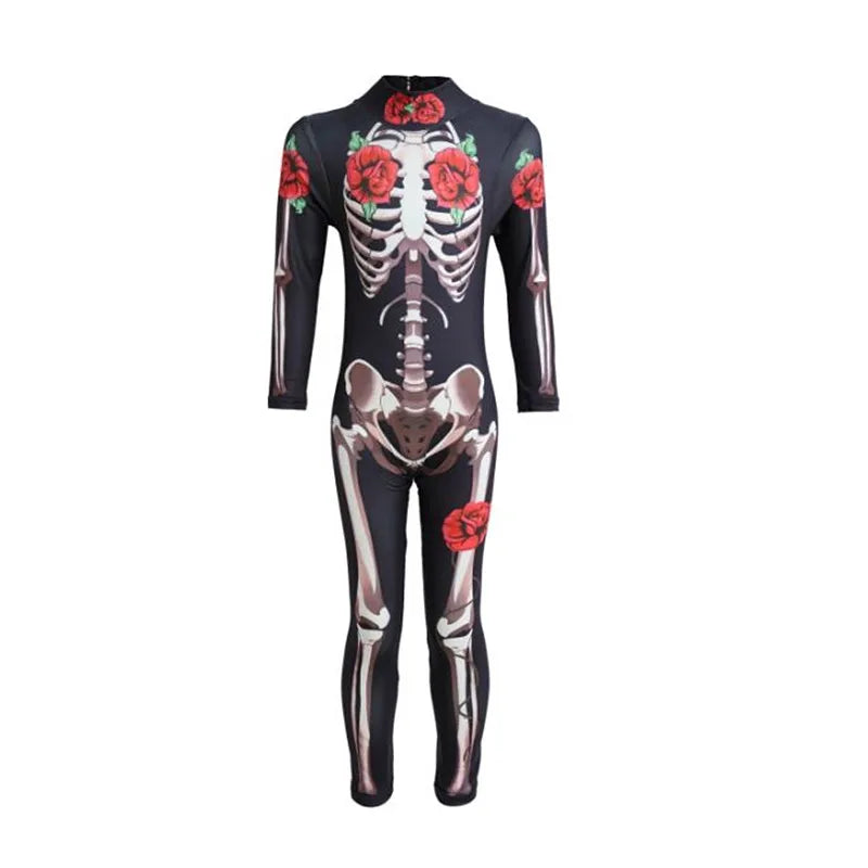 Girls Rose Skeleton Costume Ghost Bride Jumpsuit Halloween Printed Skeleton Dress Up Costume Ladies Scary Cosplay Costume