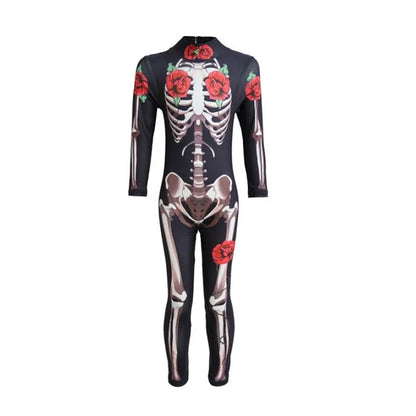 Girls Rose Skeleton Costume Ghost Bride Jumpsuit Halloween Printed Skeleton Dress Up Costume Ladies Scary Cosplay Costume