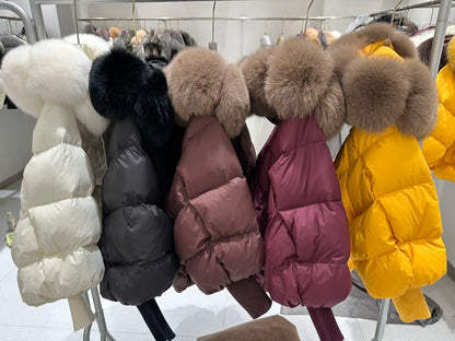 OFTBUY 2025 New Winter Large Real Fur Hooded Puffer Jacket Women Thicken Warm Knitted Sleeve Coat White Duck Down Mid Long Parka