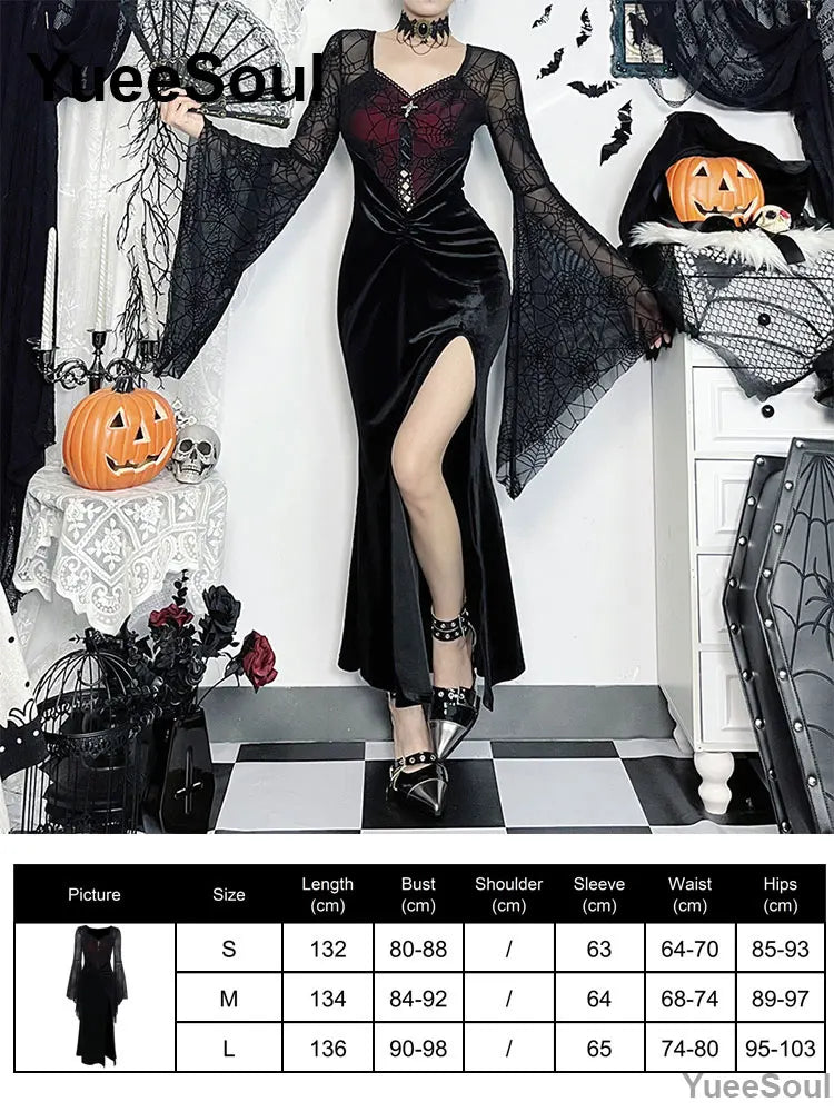 Halloween Gothic Grunge Punk Women Dress Long Sleeve Lace Slim Black Dresses 2025 New Y2K Harajuku Lolita Fairy Core Party Dress