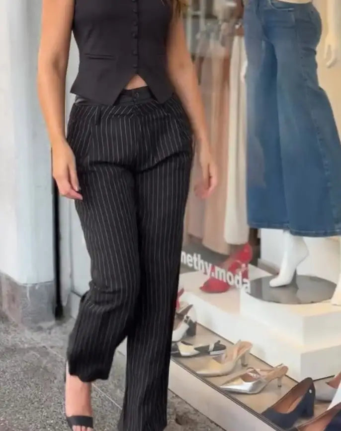 Two Piece Set Women Outfit New Fashion Striped Print V-Neck Front Button Tank & High Waist Pocket Design Straight Pants Set