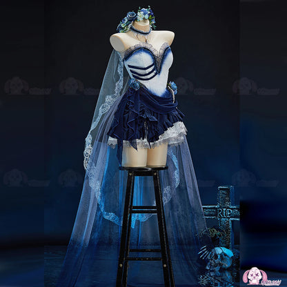 Zombie Bride Cosplay Costume Blue Ombre Gothic Victorian Lace Dress Halloween Anime Game Role Playing Outfit For Women Men