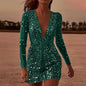 Sexy Deep V Neck Long Sleeve Shiny Dress Elegant Sequins Women's Evening Party Dresses Chic Solid Color Glitter Wrap Hips Dress