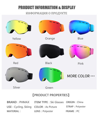 PHMAX Ski Goggles Men Snowboard Glasses Women Winter Outdoor Snow Sunglasses UV400 Double Layers Lens Anti-Fog Skiing Goggles